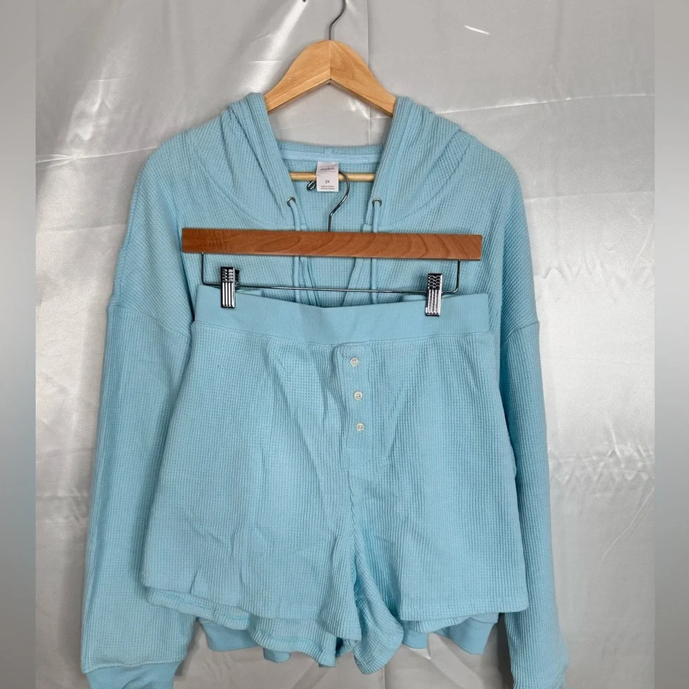 Auden Light Blue Waffle Knit Hoodie & Shorts Set Plus 4X NWT - Picture 3 of 11